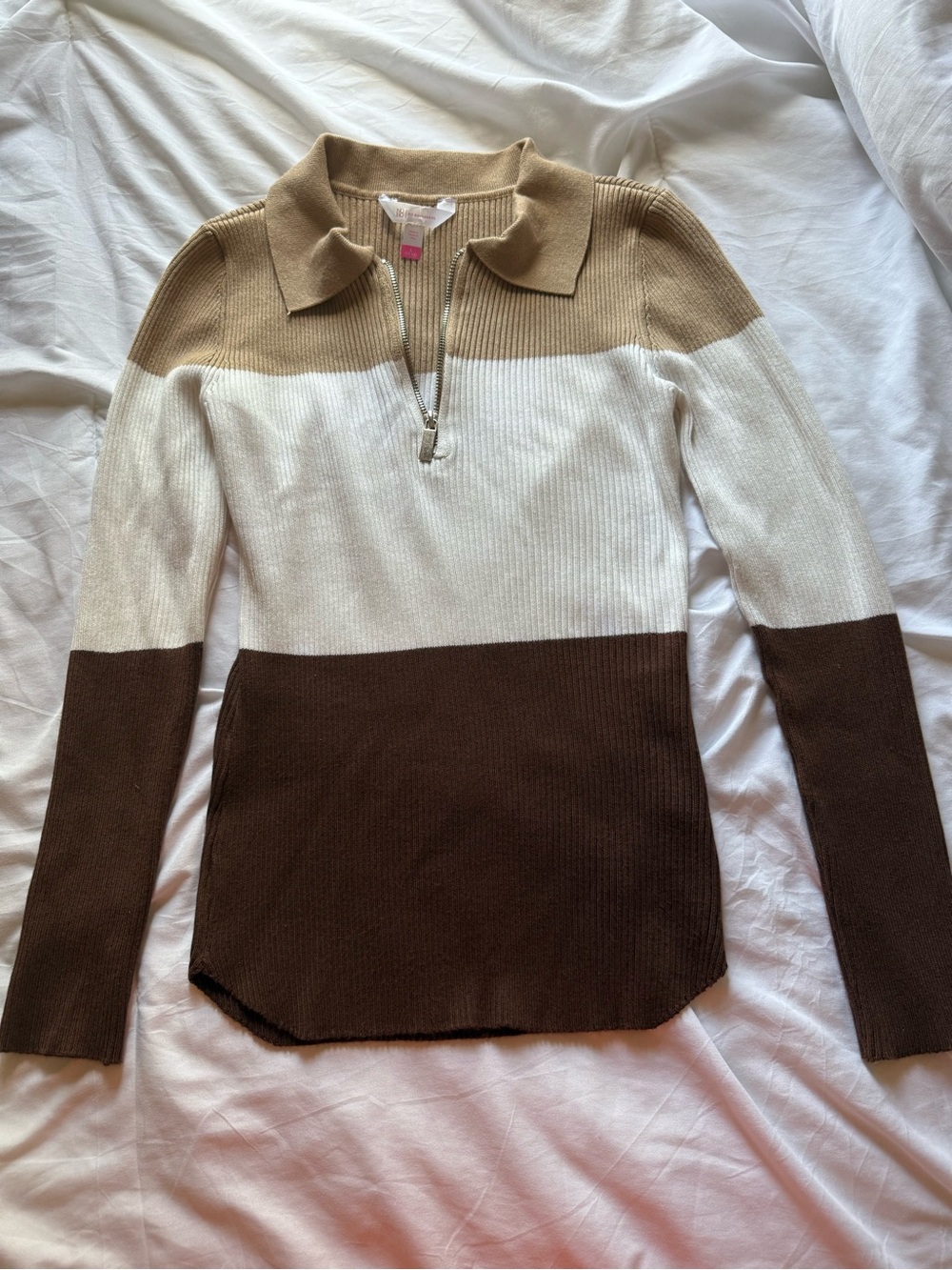 No Boundaries Beige and White Half-Zip Polo Sweater